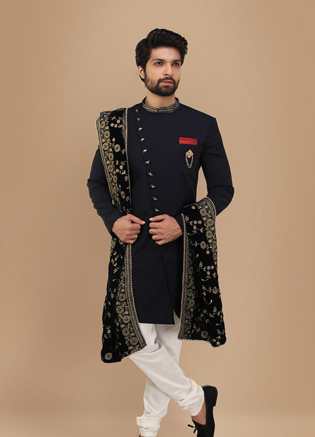 alt message - Manyavar Men Vivacious Blue Indo-Western Set image number 1